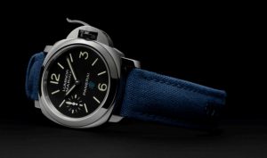 The unique fake Panerai Luminor Marina Logo PAM00777 watches have blue fabric leather straps.