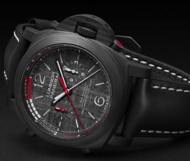 The red elements are striking on the black dial.
