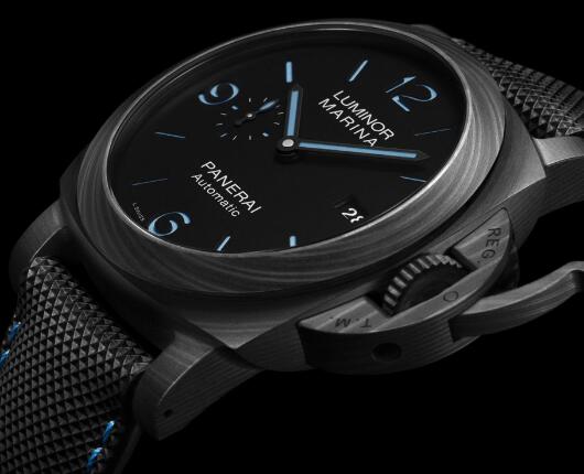 The blue hands and hour markers are striking on the black dial.